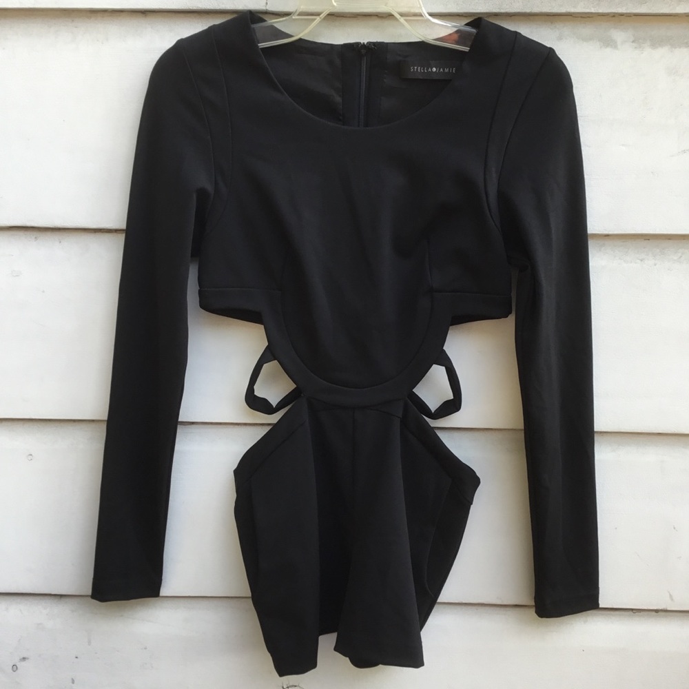 Stella & Jamie black long sleeve dressy romper short jumpsuit with cutout side S